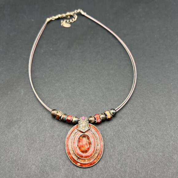 Statement Choker Necklace Enamel Oval Pendant Mixed Beads‎ Boho Tribal - Picture 1 of 7
